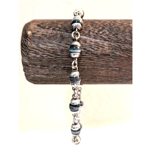 Vintage Gray Cat's Eye Glass Bead 925 Sterling Silver Hook Clasp Bracelet - Picture 1 of 7